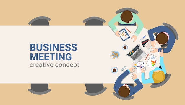 Vettore gratuito office table top view business meeting flat web infographic concept. tabella personale report analitica lavorando tablet laptop sfondo vuoto. pianificazione del report di brainstorming. collezione di persone creative.