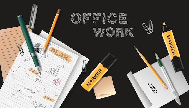 Free Vector office work black chalkboard with sheets of paper with notes scattered on it realistic  vector illustration