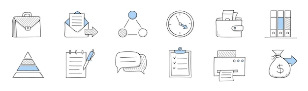 Office work, job icons with briefcase, clock, mail