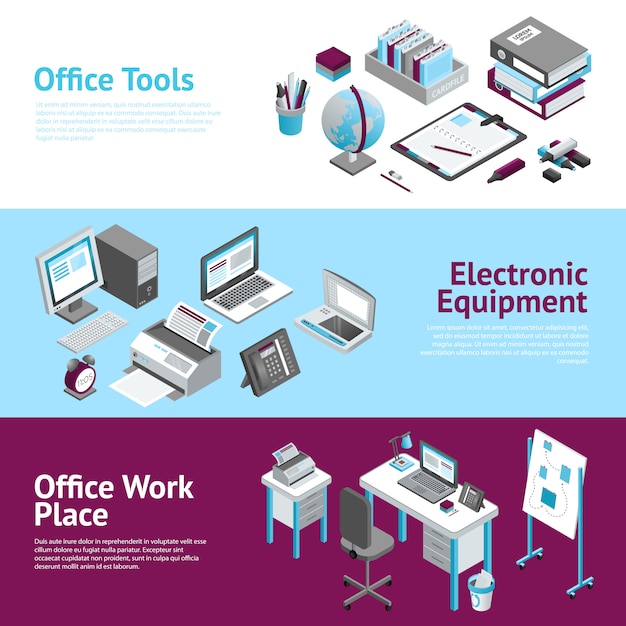 Office work place isometric banners set