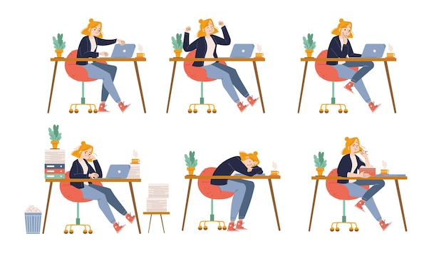 Free vector office worker different emotions and activities work and procrastination set manager woman sit at desk with laptop rejoice rage eat lunch boring sleep and think line art flat vector illustration