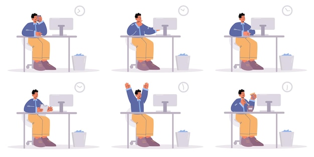 Бесплатное векторное изображение Офисный работник разные эмоции и деятельность