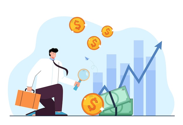 Office worker examining money with magnifying glass. employee and cash with bar graphs in background flat vector illustration. success, finances concept for banner, website design or landing web page