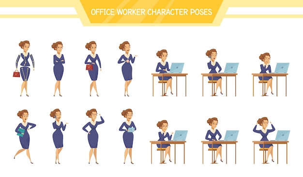 Free vector office worker female poses set