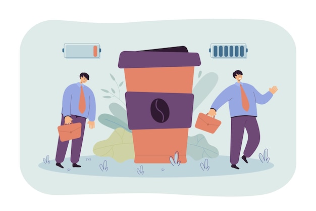 Бесплатное векторное изображение Офисный работник, страдающий от кофеиновой зависимости. иллюстрации шаржа