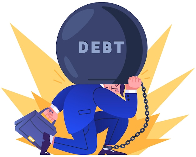 Office worker in suit tied by chain to large burden. entrepreneur holding on his back huge weight of debt, tax or fee. financial crisis, bankruptcy or money loss problem concept flat illustration.