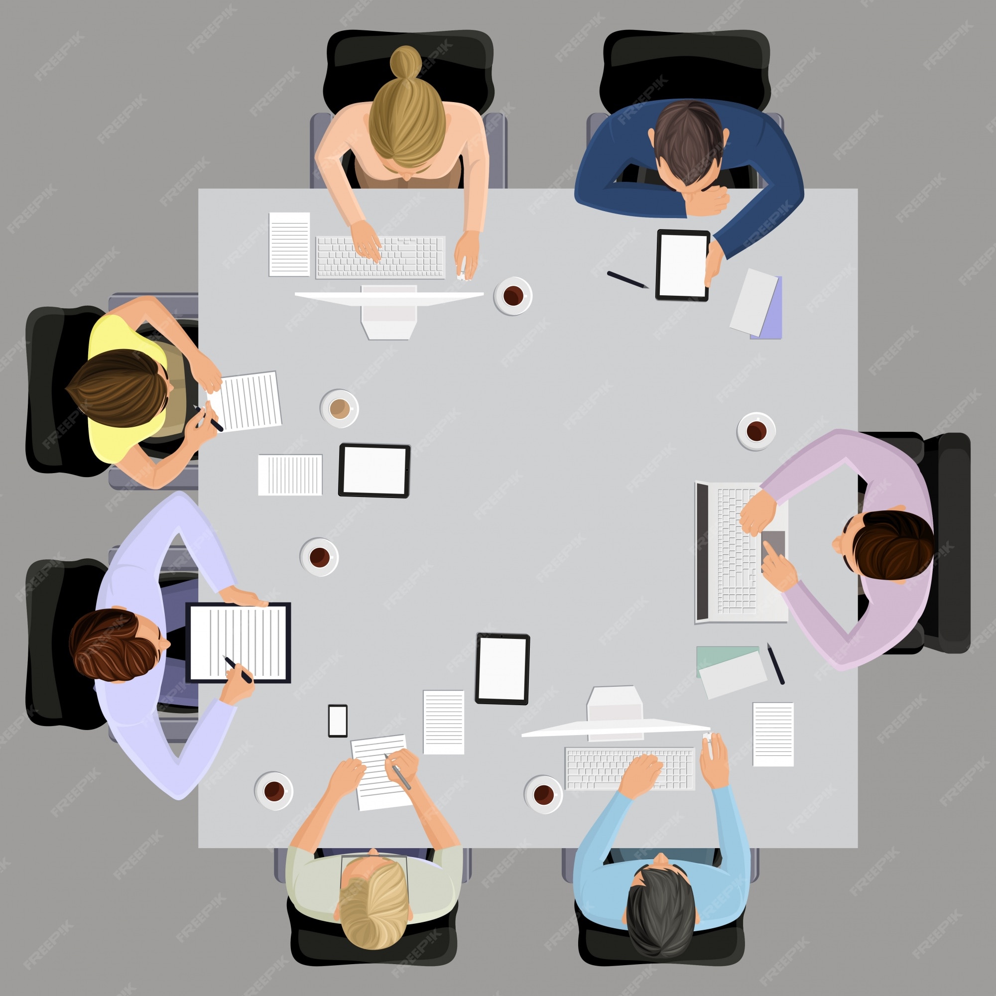 Free Vector | Office workers business management meeting and brainstorming  on the square table in top view vector illustration