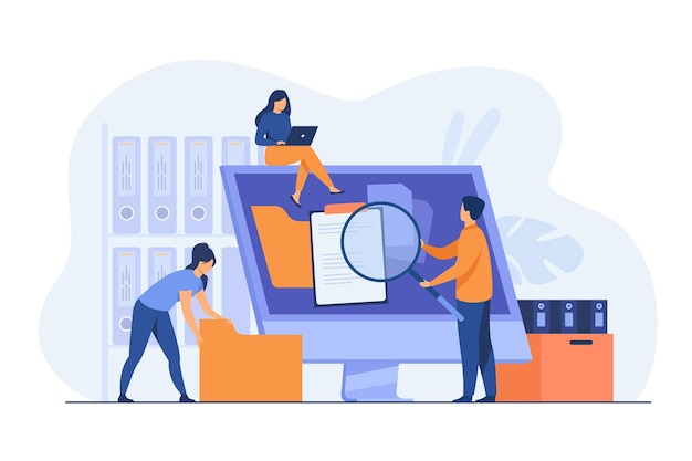 Impiegati che organizzano l'archiviazione dei dati e l'archiviazione di file su server o computer. illustrazione del fumetto