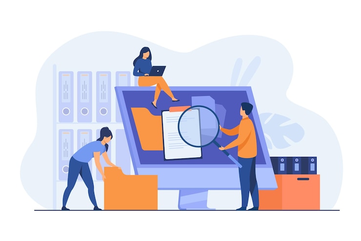 Free Vector office workers organizing data storage and file archive on server or computer. cartoon illustration