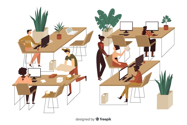 Free vector office workers sitting at desks illustrated