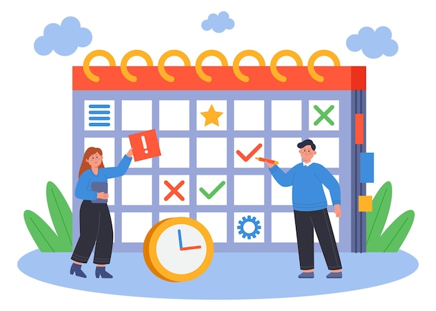 Free vector office workers with huge calendar planning schedule for month. business persons using online service for work flat vector illustration. time management, entrepreneurship, education concept for banner