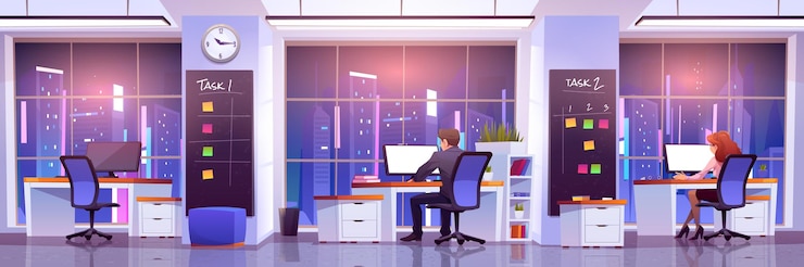 Free Vector office workers at workplace at night time. business people rear view sitting at desks work on computers