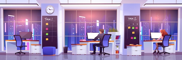 夜間の職場のサラリーマン。机に座っているビジネスマンの背面図はコンピューターで作業