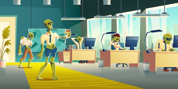 Office zombies at work cartoon vector illustration