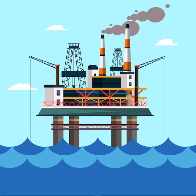 Offshore oil rig raw materials fossil extraction equipment Heavy machinery and smoking chimneys on ocean platform