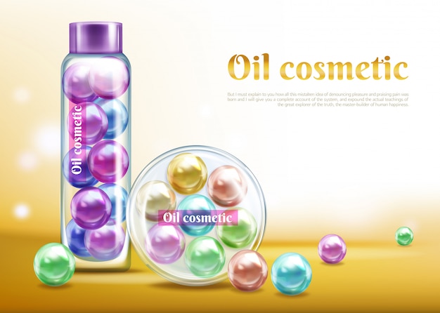 Olio prodotto cosmetico 3d realistico vettore pubblicità banner, modello di manifesto promozionale