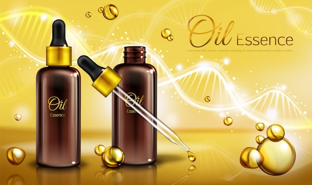 Oil essence in brown glass bottles with pipette and yellow liquid in droplets, spots.