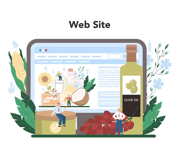 Онлайн-сервис или платформа для добычи или производства масла Стеклянная бутылка растительного масла, какао, оливковое, подсолнечное, авокадо, кукурузное, Веб-сайт Векторная плоская иллюстрация