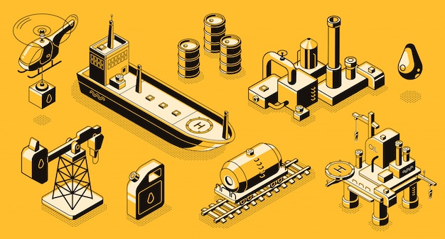 Oil extraction and refinery, petroleum industry transport, objects and buildings line art