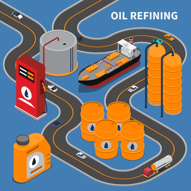 Oil and gas industry isometric composition with rig canister cars illustration