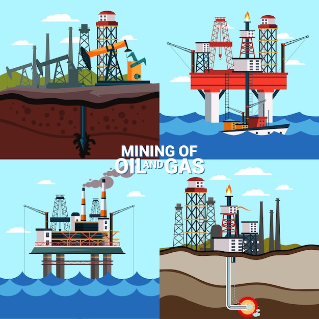 Vettore gratuito modello di banner piatto per l'estrazione di petrolio e gas modello di poster per l'industria dell'estrazione di minerali fossili illustrazione di macchinari pesanti