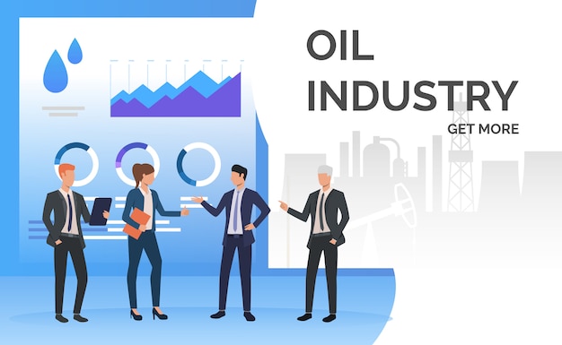 Gente di affari dell'industria petrolifera che lavora e che discute i grafici di dati