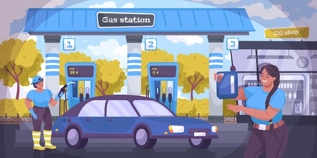 Illustrazione di industria petrolifera con illustrazione piatta della stazione di servizio
