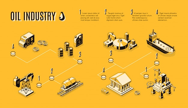 Oil industry, petroleum production process components line art