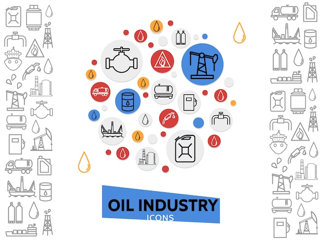 Шаблон нефтяной промышленности с иконками топливного газа и нефтехимической линии в красочных кругах, изолированных иллюстрация
