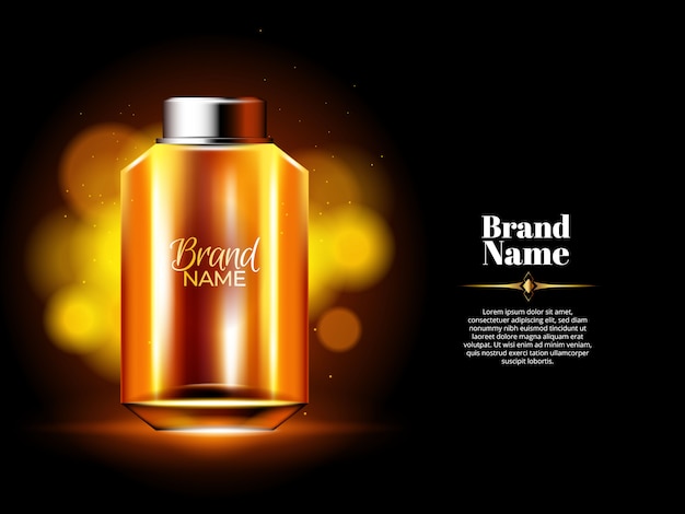 ゴールドの背景とライトのオイル香水瓶
