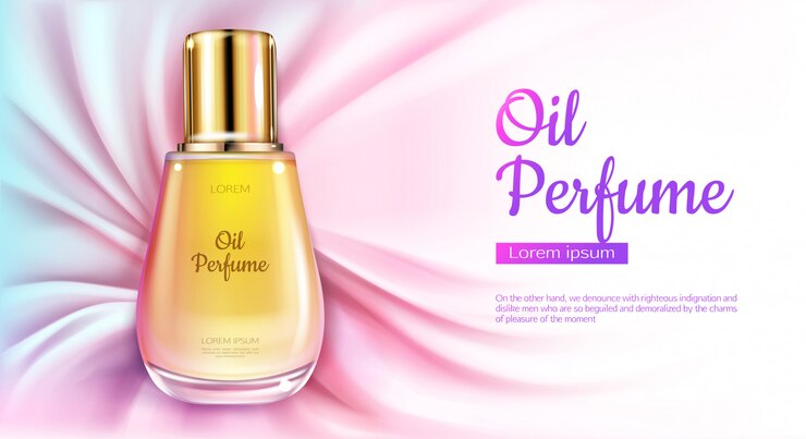 Free Vector oil perfume glass bottle with yellow liquid on pink silk draped fabric background. 