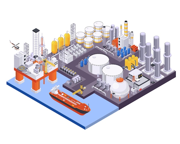 Composizione isometrica nell'industria petrolifera con vista del porto marittimo con lavorazione del petrolio