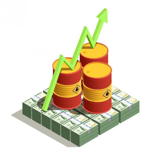 Free vector oil petroleum industry production benefits isometric composition with dollar banknotes and barrel value growth arrow