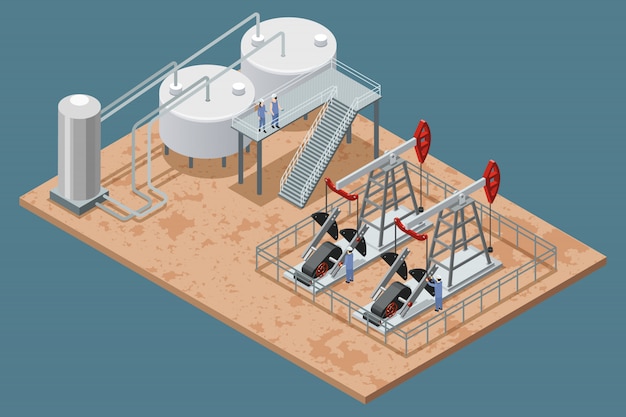 Oil production facilities and equipment isometric poster 