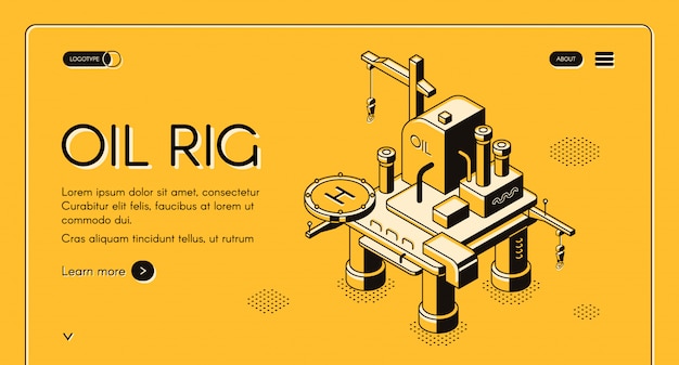 Иллюстрация нефтяной платформы морской платформы на изометрической линии дизайна на желтом фоне полутонов