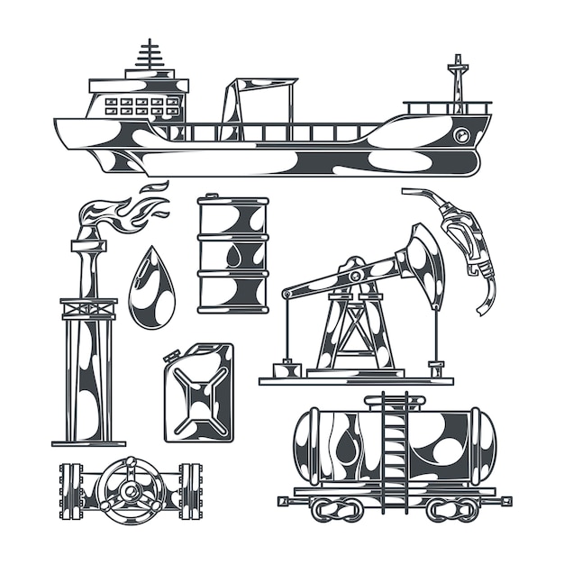 Oil set of isolated monochrome images with drilling rigs tanker boat and canisters