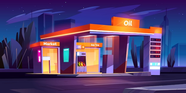 Oil station at night. noctidial refueling service