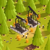 oil well drilling process with two derricks barrels and workers in forest 3d isometric vector illustration