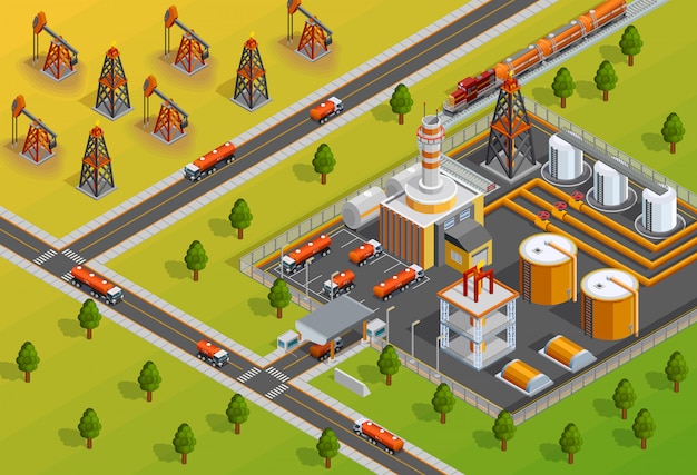 Free vector oill industry refinery facility isometric poster