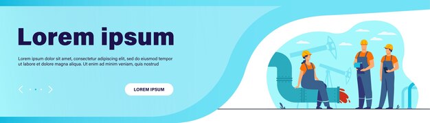 Oilmen and engineers on production line or pipe of petroleum refinery flat vector illustration. Cartoon people working on pipeline