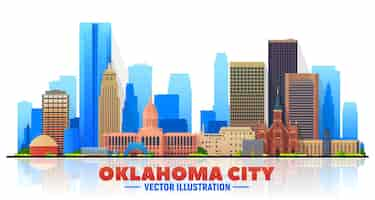 Free vector oklahoma city us skyline silhouette at white background flat realistic style with famous landmarks and modern scraper buildings vector illustration for web or print production