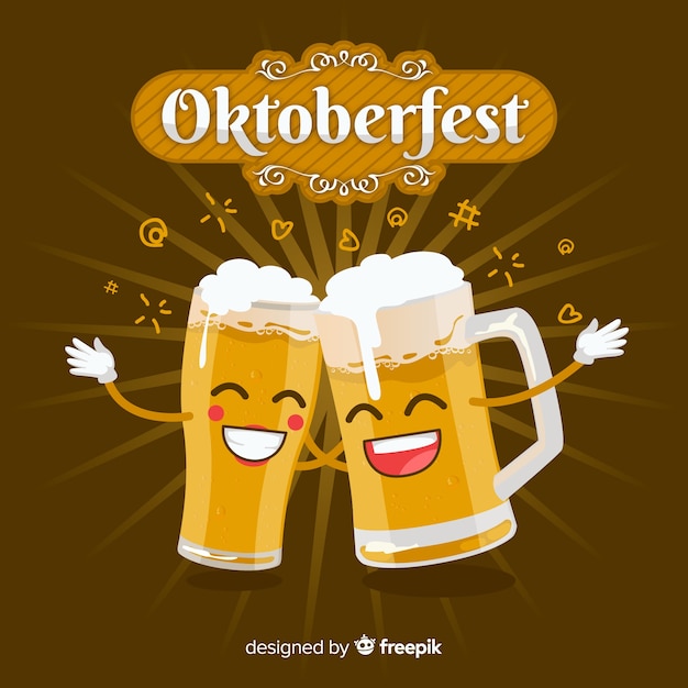 Oktoberfest background with jars of beer in flat design