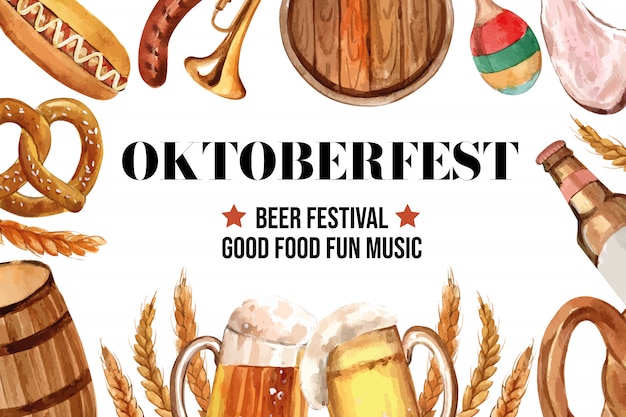 Free vector oktoberfest banner design with beer, sausage, pretzel and entertainment