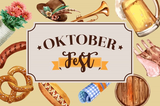 Oktoberfest banner design with tyrolean hat, beer, sausage and trumpet