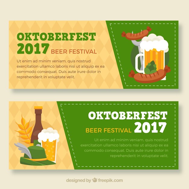 Oktoberfest banners with beer, sausages and hat