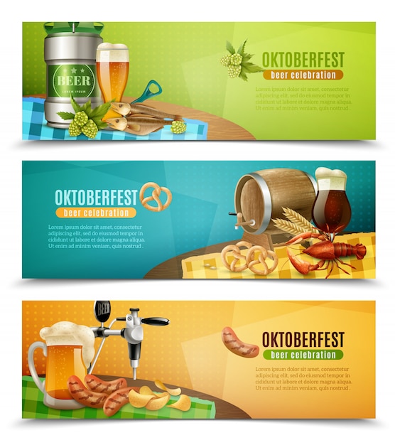 Free vector oktoberfest beer 3 horizontal banners set