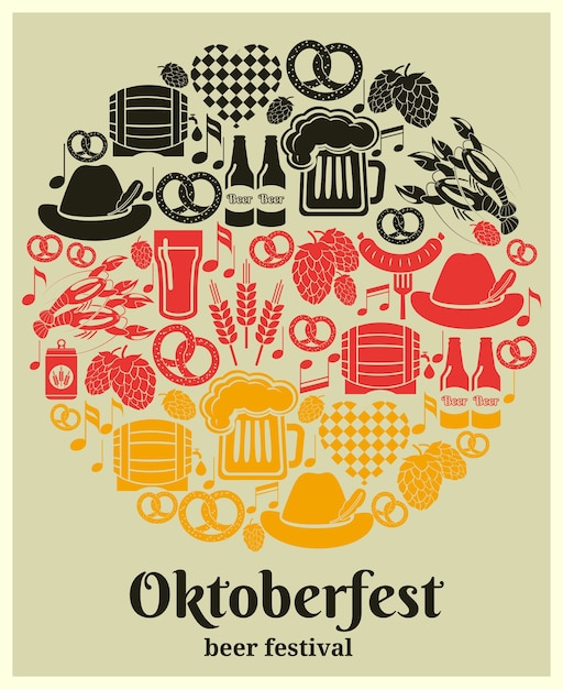 Oktoberfest Beer Festival label in the German national colors in a round design with German beer in bottles  can  tankard  glass  keg or cask  barrel  hops  barley  sausage  pretzel and a heart