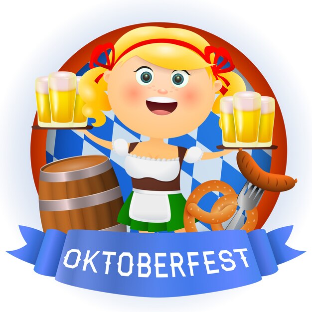 Oktoberfest cartoon woman character with beer and food