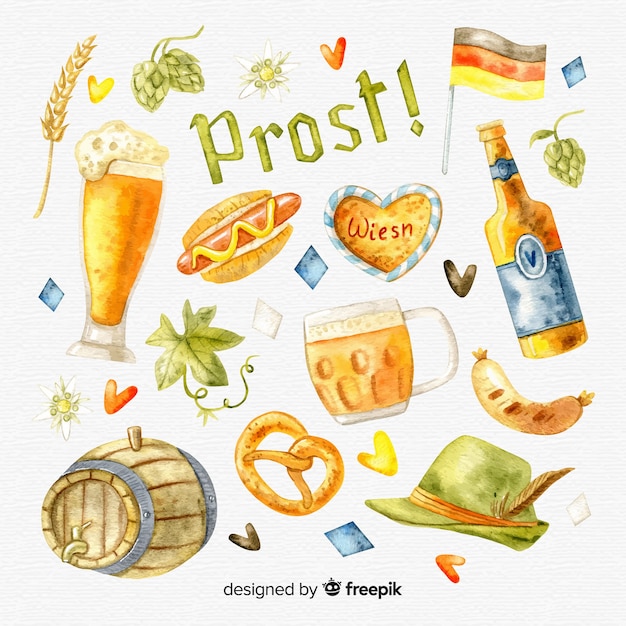 Free vector oktoberfest elements collection in watercolor style