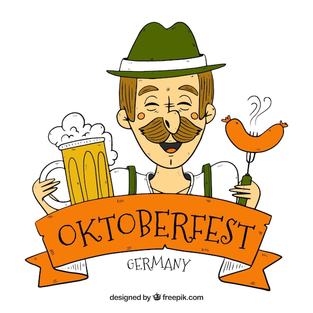 Vettore gratuito oktoberfest, un gentiluomo con una birra e una salsiccia